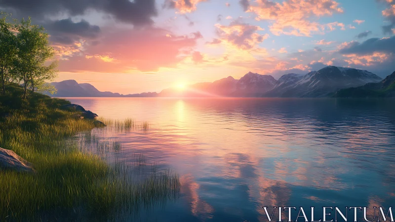 Sunrise over glassy mountain lake with vivid reflections.