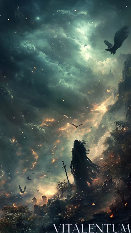Cloaked warrior surveys apocalyptic skies in high-fantasy tableau