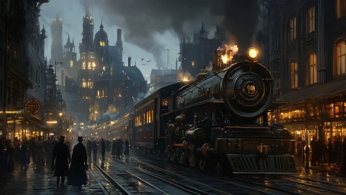 Steam engine number nineteen prowls through dusk-lit city tracks
