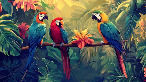 Colorful Parrots on Jungle Branch, Digital Art Illustration.