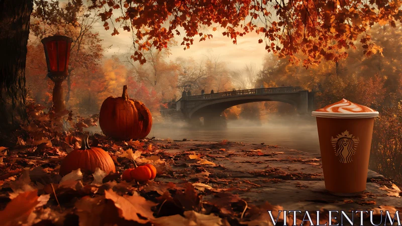 Cinematic autumn riverside with pumpkins and branded coffee cup
