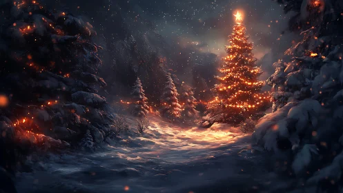 Radiant Christmas tree illuminating a tranquil snowy forest.
