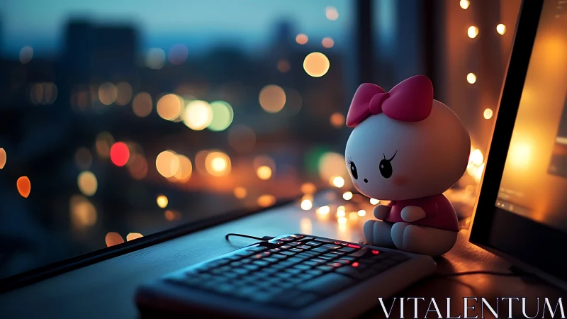 Cute desk toy lit by bokeh city lights at night.