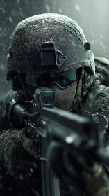 Armed soldier aiming rifle in heavy falling snowstorm.