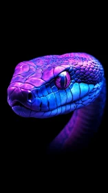 Neon-lit serpent head glows with electric blue and violet scales