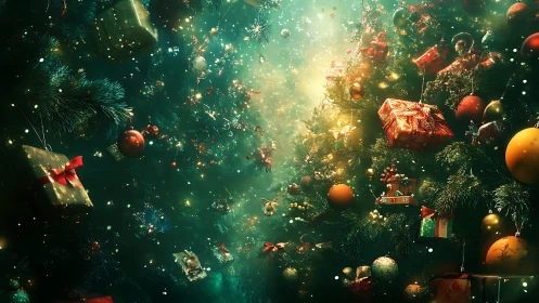 Glistening forest of gifts suspended in enchanted holiday light.