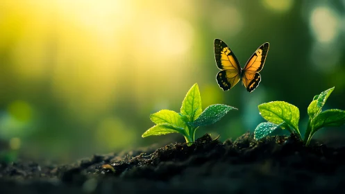 Golden butterfly hovering over dewy seedlings at sunrise.