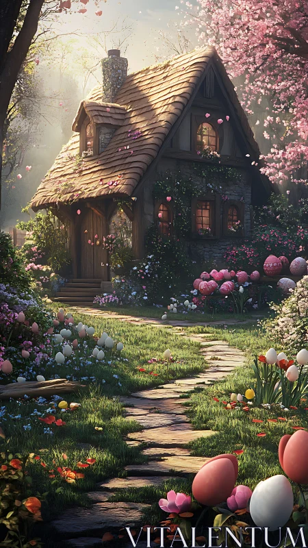 Pathway leads to a stone cottage amid dense spring foliage