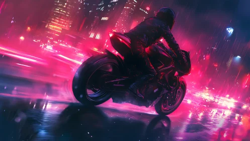 Motorcyclist rides through neon city traffic in heavy rain