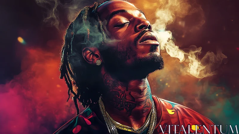 Digital portrait of smoking man in neon vapor haze glow.