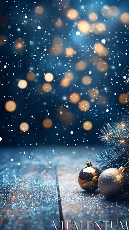 Christmas ornaments on wooden surface with snowfall and lights.