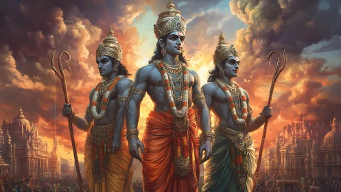Three divine warriors stride through storm-lit temple skies