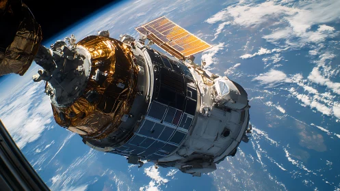 Sunlit orbital freighter skims Earth’s blue horizon in silence.