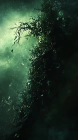 Vertical forested cliff rises against diffuse green light