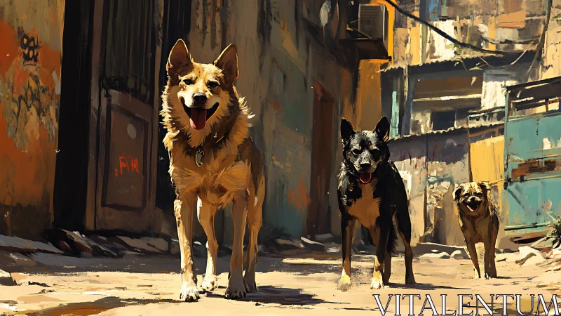 Digital painting of street dogs in sunlit urban alleyway.
