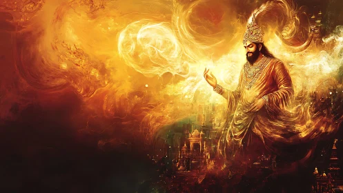 Fire crowned sovereign walking through molten-clouded heavens.