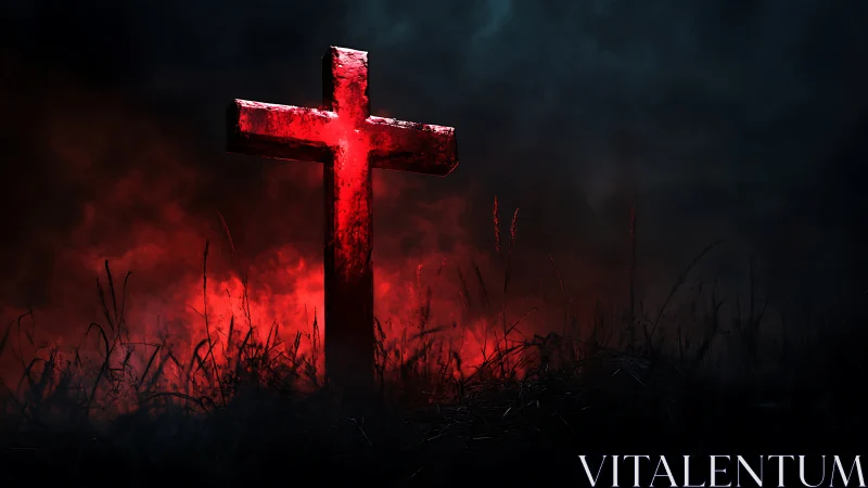 Red illuminated cross in dark foggy night landscape.