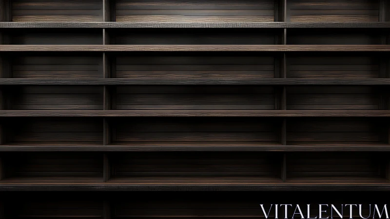 Dark wooden shelving grid emphasizes linear depth and order