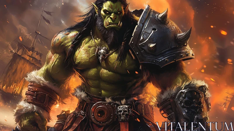 Orc warlord strides through burning battlefield in armor.