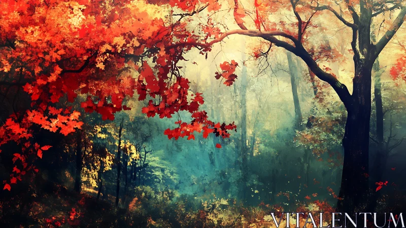 Crimson Canopy: Where Autumn's Fire Ignites the Misty Grove