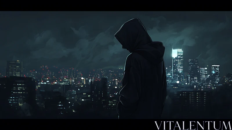 Hooded figure stands over dark city skyline at night.