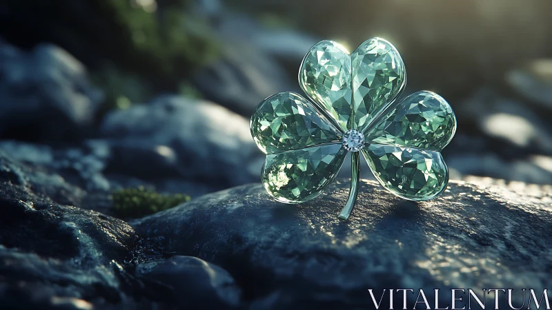 Gem-cut four leaf clover rendered as faceted crystal brooch