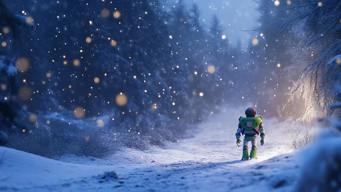Toy spaceman walks through glowing snow forest twilight.