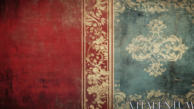 Vintage red and teal damask wallpaper with aged patina.