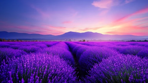 Lavender field glows under vivid sunset sky near distant mountains