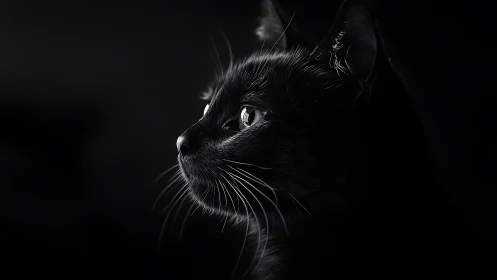 Black cat portrait in profile with illuminated eyes and whiskers.