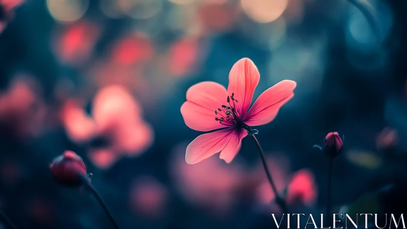 Pink flower glows against soft blurred blue background with bokeh.