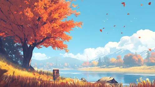 Autumn riverside landscape with mountains and scattered leaves.