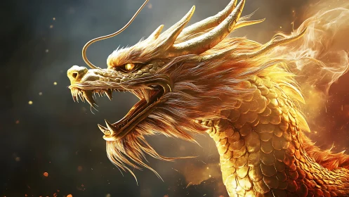 Gilded Eastern dragon head in dynamic three quarter profile view