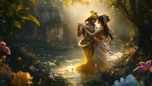 Divine Couple in Ethereal Garden: Radiant Mythological Romance Scene.