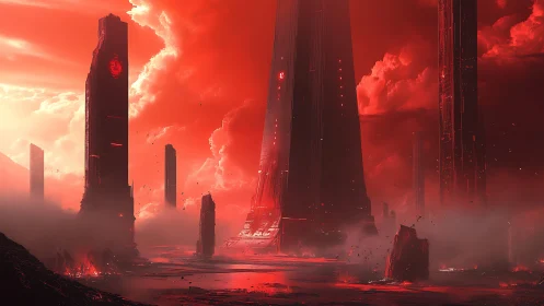 Monolithic red megastructures in volcanic sci fi wasteland