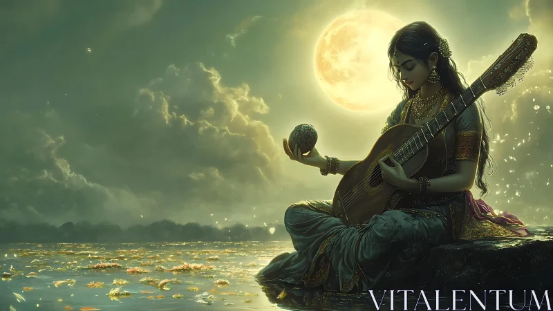 Moonlit Indian musician with lute beside reflective riverbank