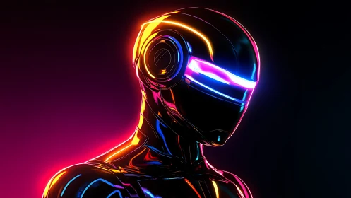 Neon-lit cyber hero glowing softly in the dark night.