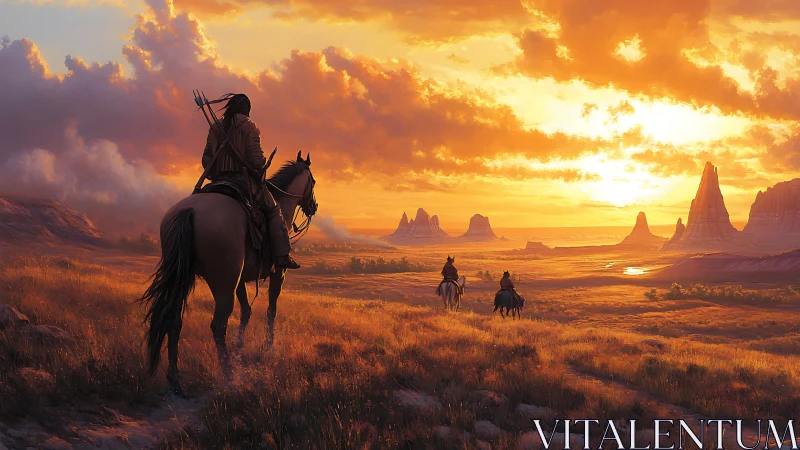 Riders cross sunset-lit desert plains beneath glowing clouds.