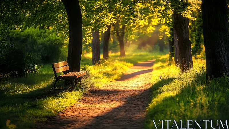 Golden hour tree-lined park path with bench luminance study.