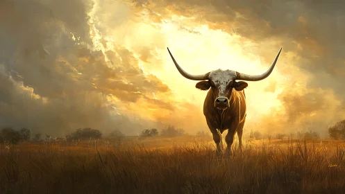 Longhorn bull stands against blazing golden sunset sky