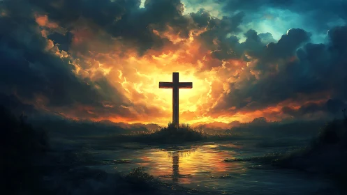 Solitary cross kindles sunrise fire in storm torn sky