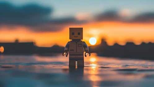 Toy robot figure glows against a dreamy sunset horizon.