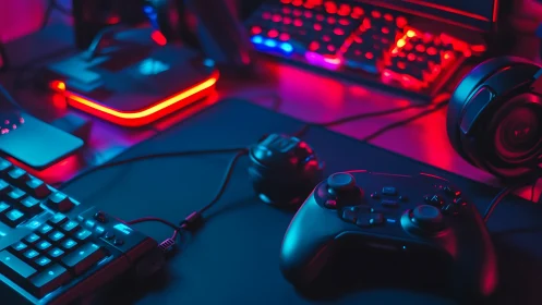 RGB-illuminated gaming control interface in low-key neon setup.