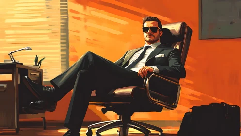 Corporate executive in stylized office interior under warm light