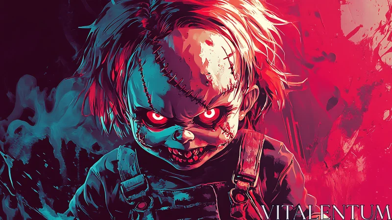 Stitched horror doll portrait with red cyan split lighting