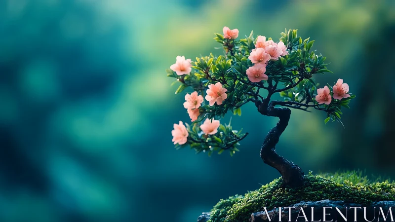Pink flowering bonsai tree on mossy rock in soft focus background.