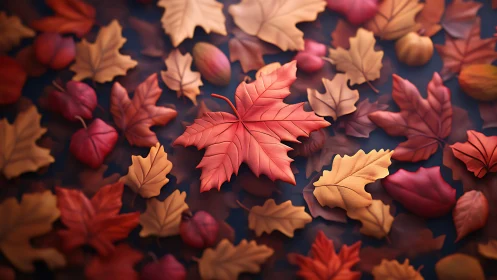 Autumn maple leaf arrangement in warm shallow-focus bokeh.