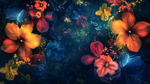 Glowing blossoms drift gently across a dreamy night garden