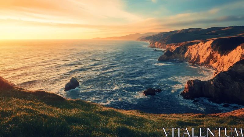 Sunset-tipped cliffs cradle a restless, sapphire ocean edge.