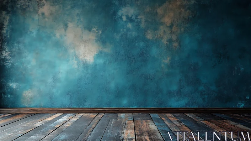Weathered blue textured wall with rustic wooden floor surface.
